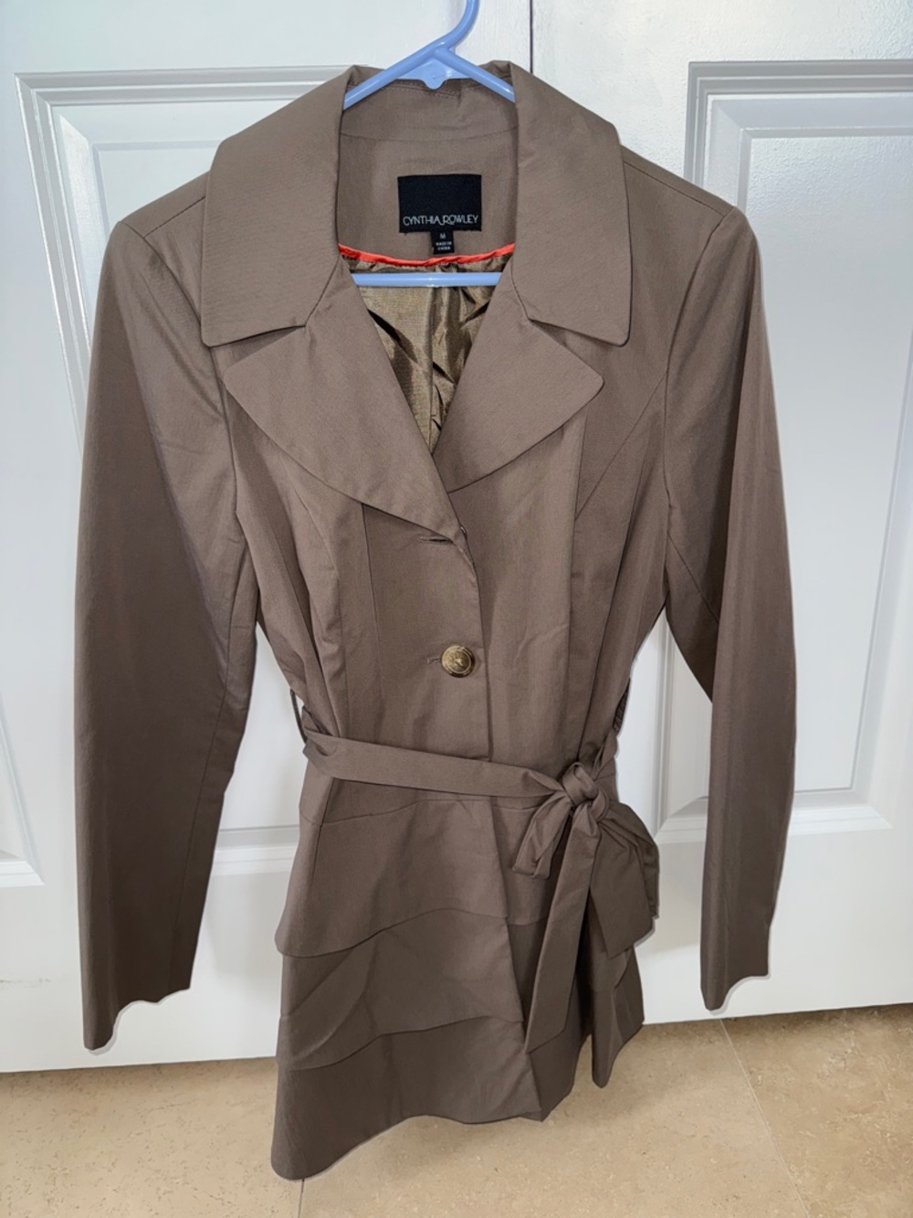 Cynthia Rowley Taupe Belted Ruffle-Hem Trench Coat